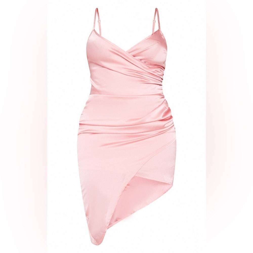 PrettyLittleThing Shape Pink Satin Wrap Dress - Picture 3 of 7